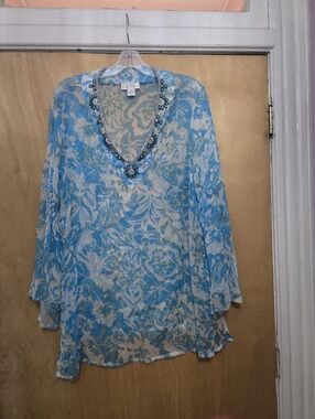 Soft Surroundings Beaded V-Neck Floral Tunic Top - Blue